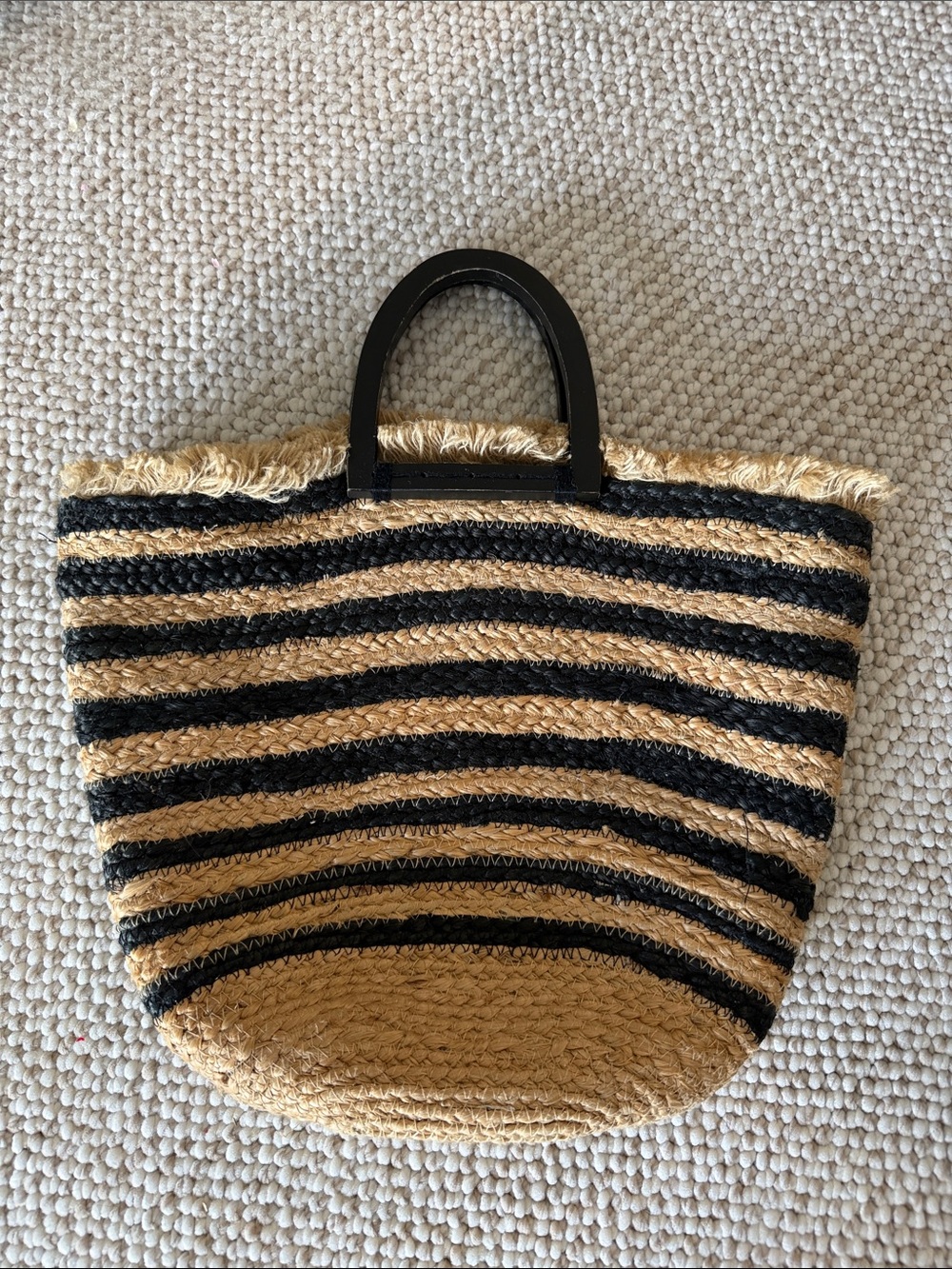 Woven Straw Stripe Tote Bag with Black Handles